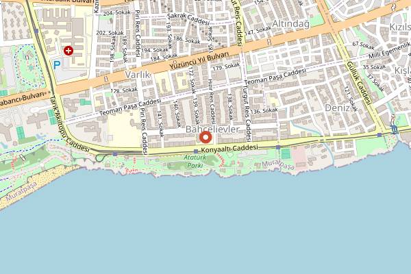 Map showing Varlık (Bahçelievler) Kapalı Üretici Pazarı in Antalya
