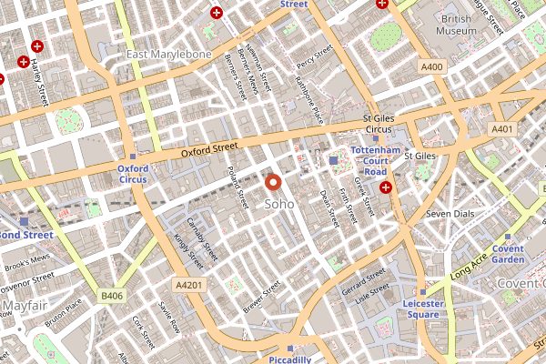 Map showing The Breakfast Club Soho in London