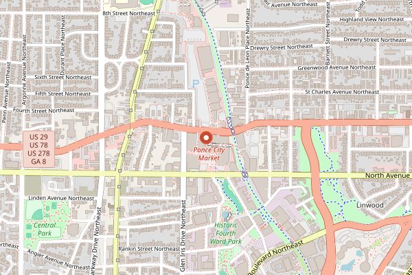 Map showing Spiller Park Coffee at Ponce City Market in Atlanta