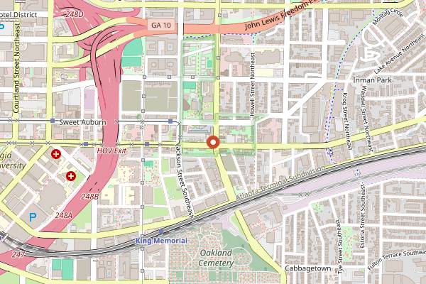 Map showing Sister Louisa's Church of the Living Room and Ping Pong Emporium in Atlanta