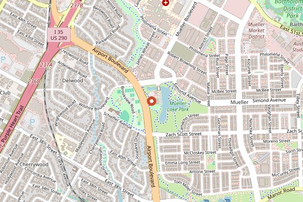 Map showing Texas Farmers' Market at Mueller in Austin