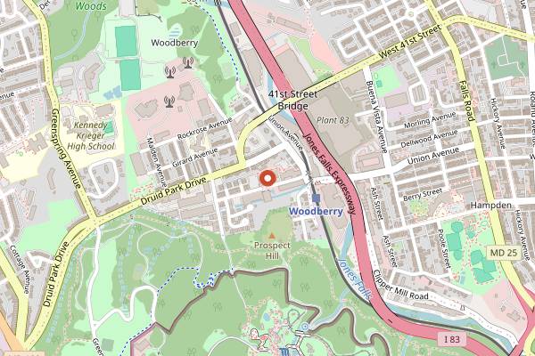 Map showing Woodberry Tavern in Baltimore