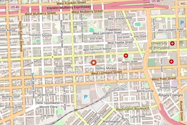Map showing Hollins Market in Baltimore