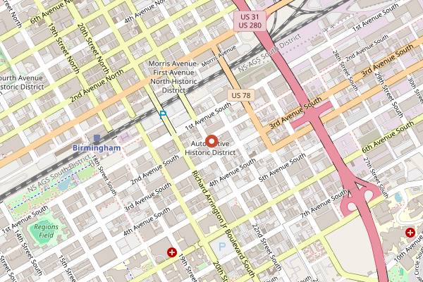 Map showing Birmingham District Brewing Co. in Birmingham