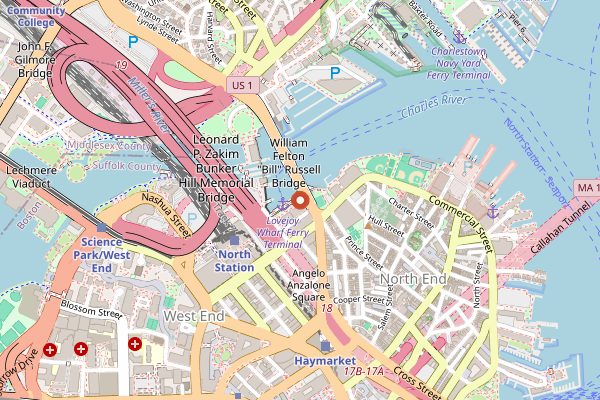 Map showing Night Shift Brewing Lovejoy Wharf in Boston