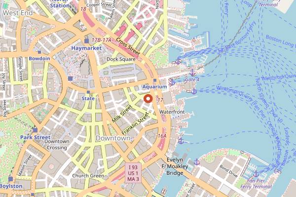 Map showing Christopher Kimball's Milk Street Cooking School in Boston