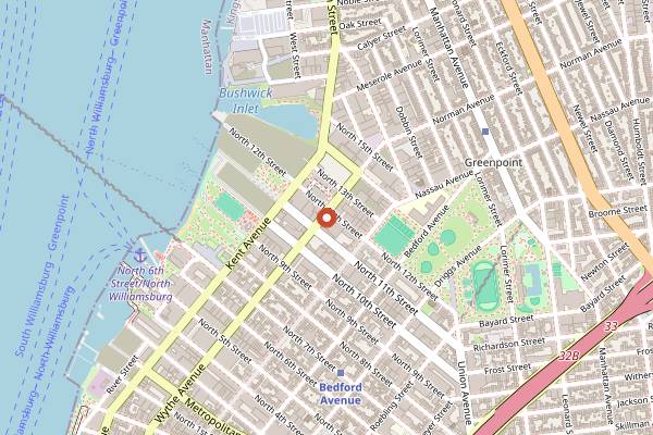 Map showing Brooklyn Bowl in Brooklyn