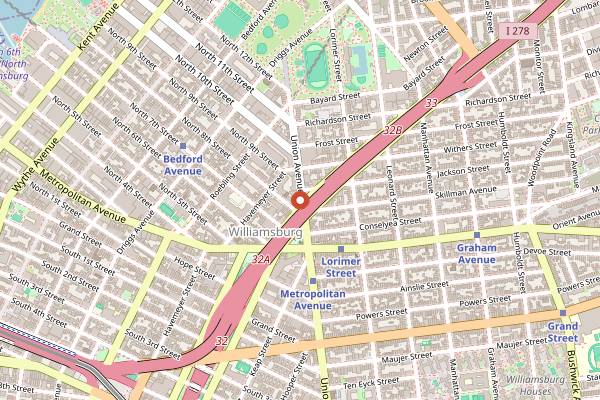 Map showing Union Pool in Brooklyn