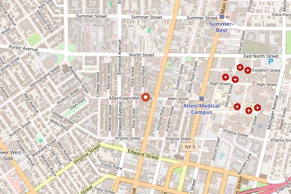 Map showing Mighty Taco (Delaware Avenue) in Buffalo