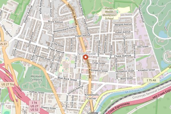 Map showing Sidewinder Coffee in Cincinnati