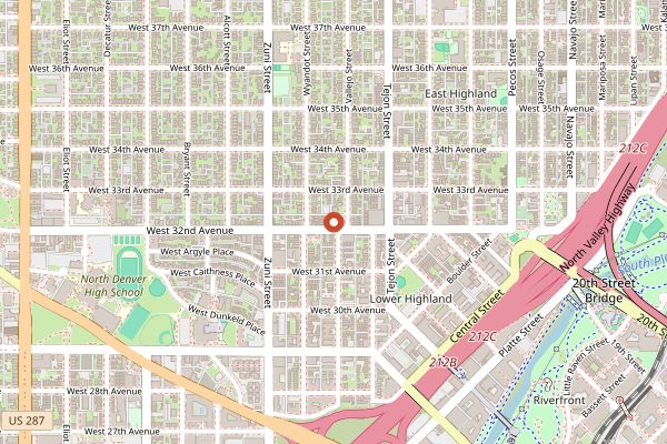 Map showing Highland Tap and Burger in Denver