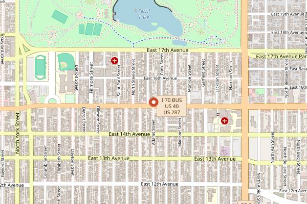 Map showing Bluebird Theater in Denver