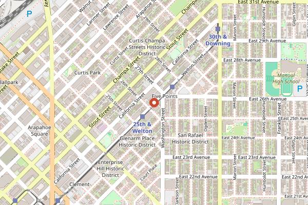 Map showing Cervantes' Masterpiece Ballroom in Denver