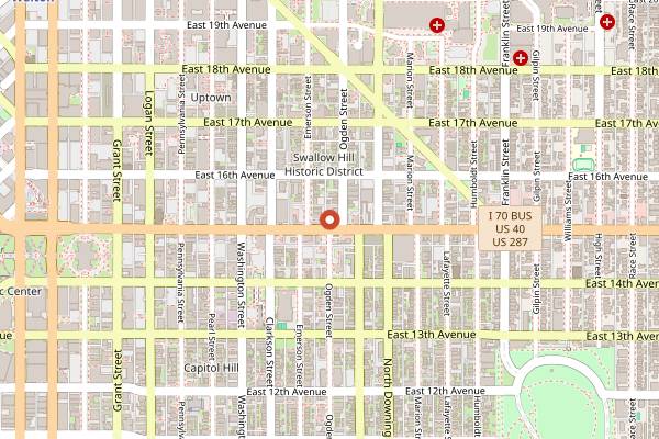 Map showing The Ogden Theatre in Denver