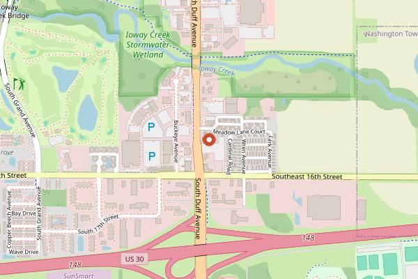 Map showing Ames: Hickory Park BBQ and Iowa State Campus in Des Moines