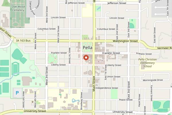 Map showing Pella: Dutch Heritage and Jaarsma Bakery in Des Moines