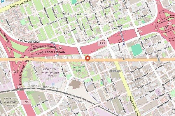 Map showing Slows Bar BQ in Detroit