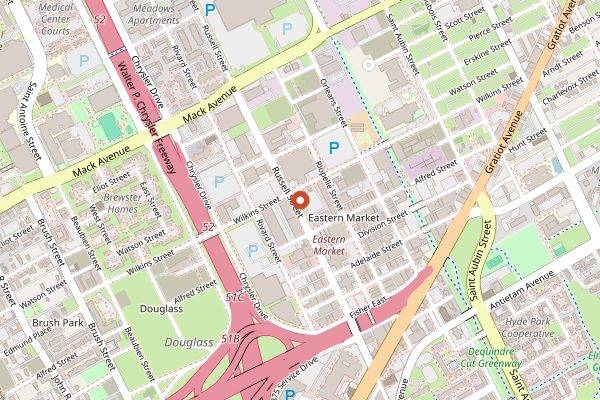 Map showing Eastern Market in Detroit
