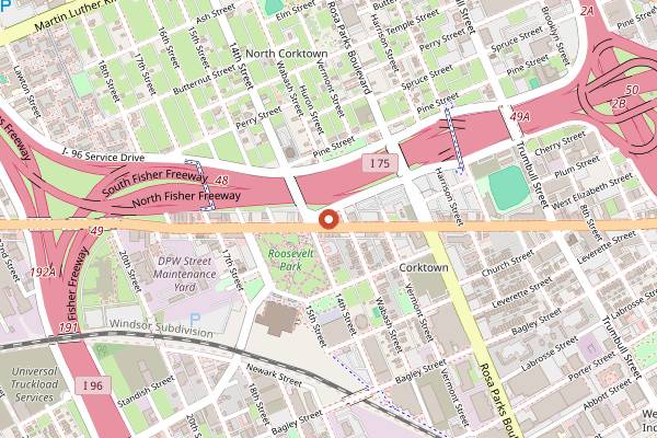 Map showing The Sugar House in Detroit