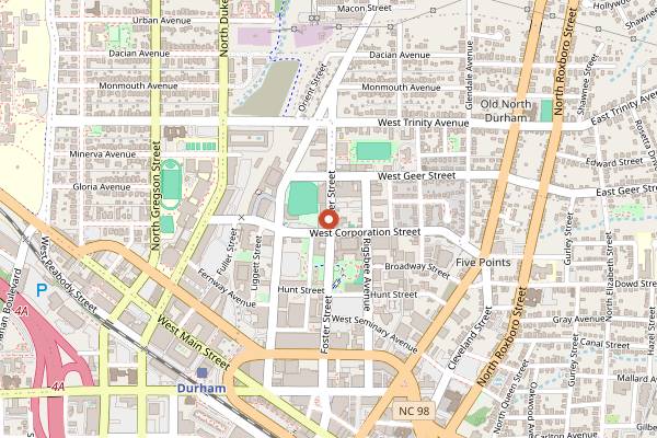 Map showing Boxcar Bar + Arcade in Durham