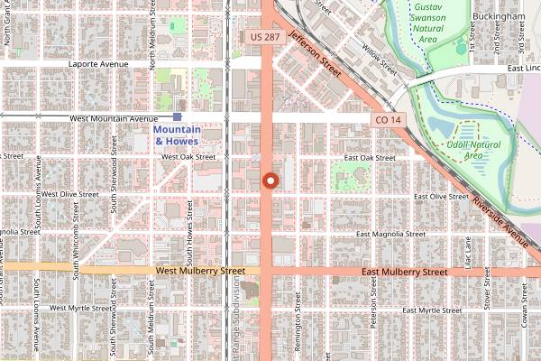 Map showing Mugs Coffee Lounge in Fort Collins