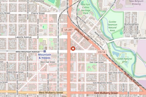 Map showing Lucky Joe's Sidewalk Saloon in Fort Collins