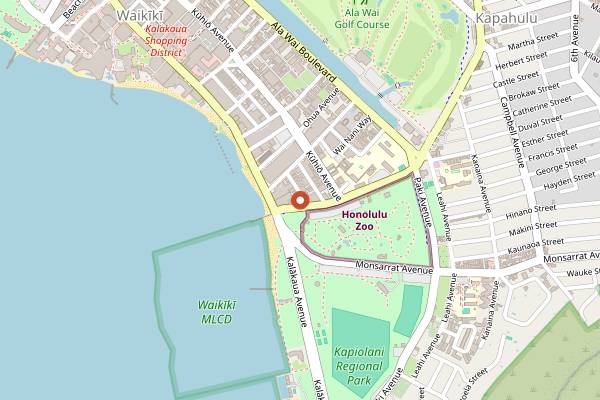Map showing Hula's Bar and Lei Stand in Honolulu