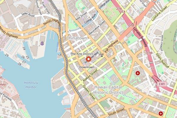 Map showing Marukame Udon Fort Street in Honolulu