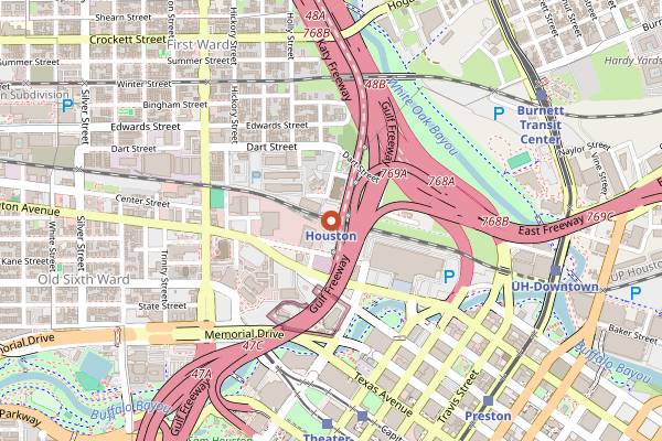 Map showing Captain Foxheart's Bad News Bar and Spirit Lodge in Houston