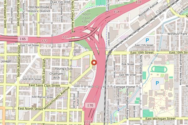Map showing Bodhi Craft Bar + Thai Bistro in Indianapolis