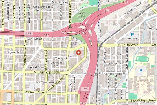 Map showing The Garage Food Hall in Indianapolis