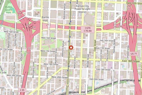 Map showing Tom's Town Distilling Co. in Kansas City