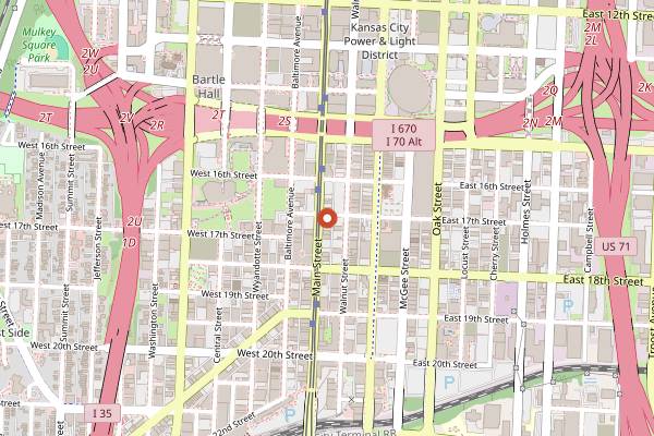 Map showing Tom's Town Distilling Speakeasy in Kansas City