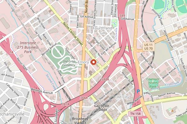 Map showing Crafty Bastard Brewery Emory Place Taproom in Knoxville