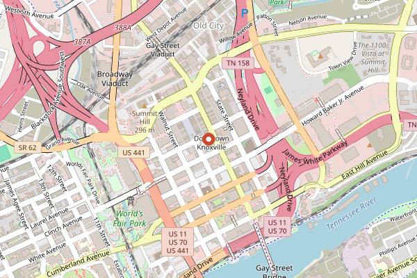Map showing K Brew Downtown in Knoxville
