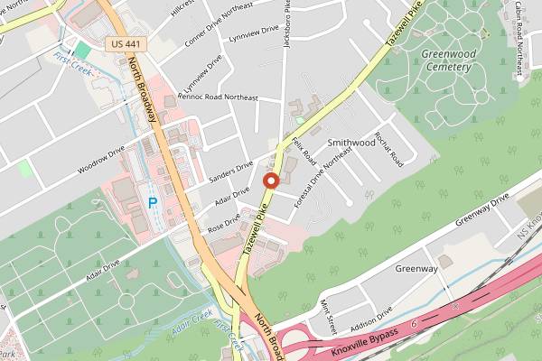 Map showing Sweet P's BBQ Uptown Corner in Knoxville