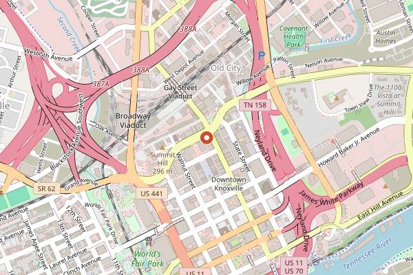 Map showing Nourish Knoxville Indoor Market in Knoxville