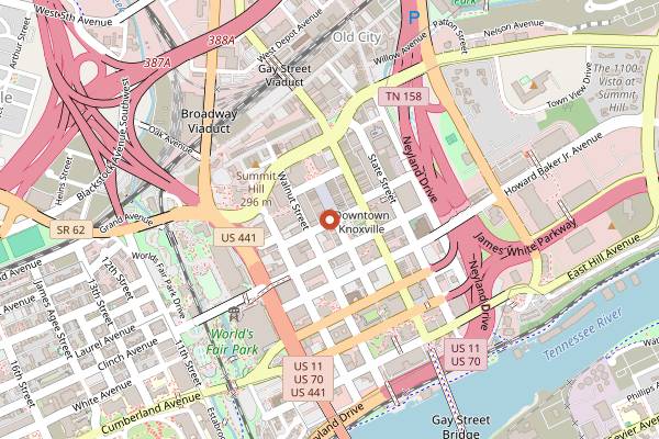 Map showing Tupelo Honey Southern Kitchen and Bar in Knoxville