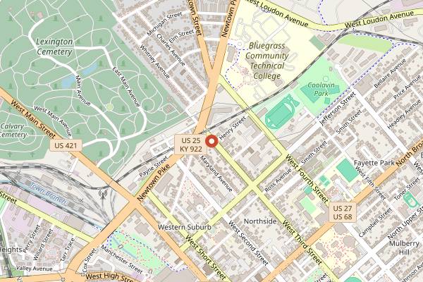 Map showing Blue Stallion Brewing in Lexington