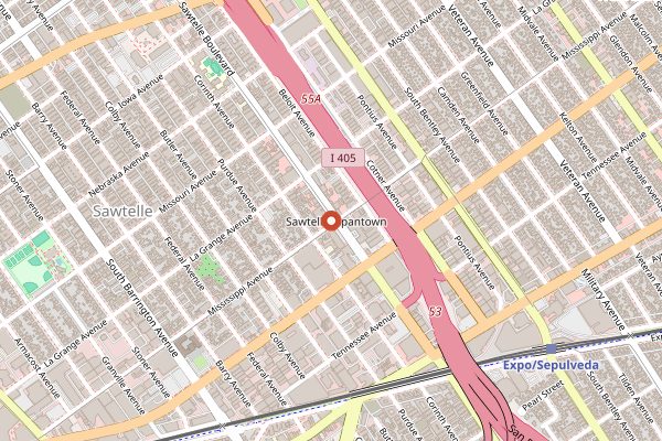Map showing Tsujita LA Artisan Noodle in Los Angeles