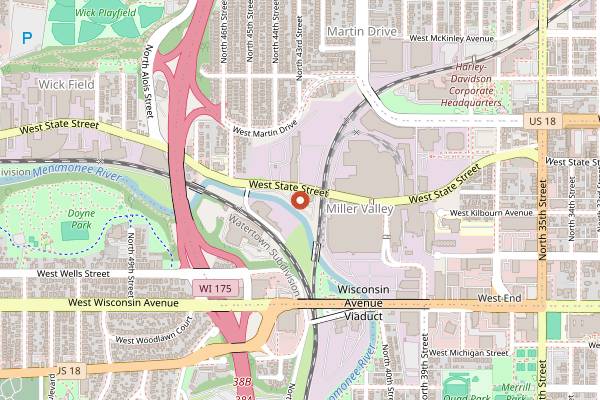 Map showing Miller Brewing Company in Milwaukee