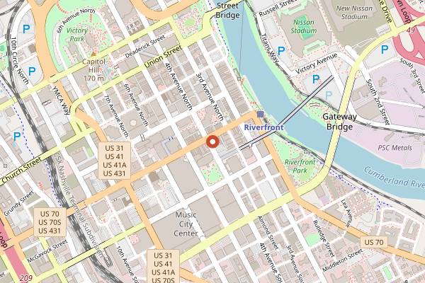 Map showing Honky Tonk Central in Nashville