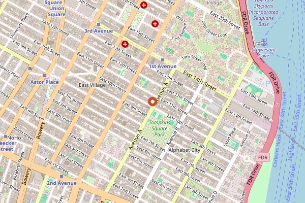 Map showing Tompkins Square Bagels in New York City
