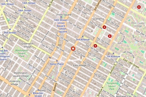 Map showing KGB Bar in New York City