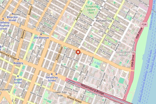 Map showing Clinton Street Baking Company in New York City