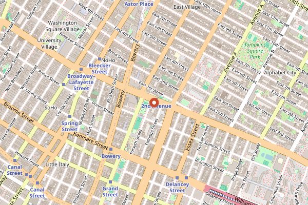 Map showing Yonah Schimmel's Knish Bakery in New York City