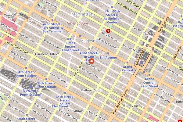 Map showing Blue Bottle Coffee Bryant Park in New York City