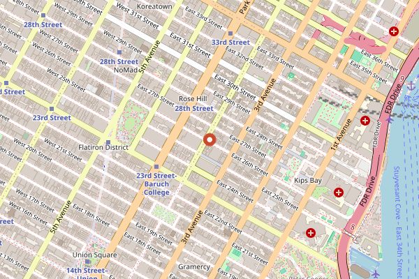 Map showing Saravanaa Bhavan in New York City