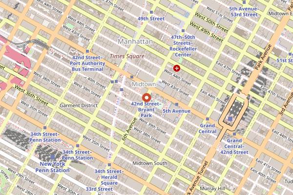 Map showing Winter Village at Bryant Park in New York City