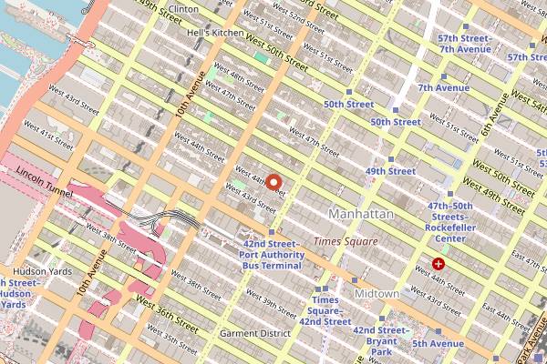 Map showing Birdland Jazz Club in New York City